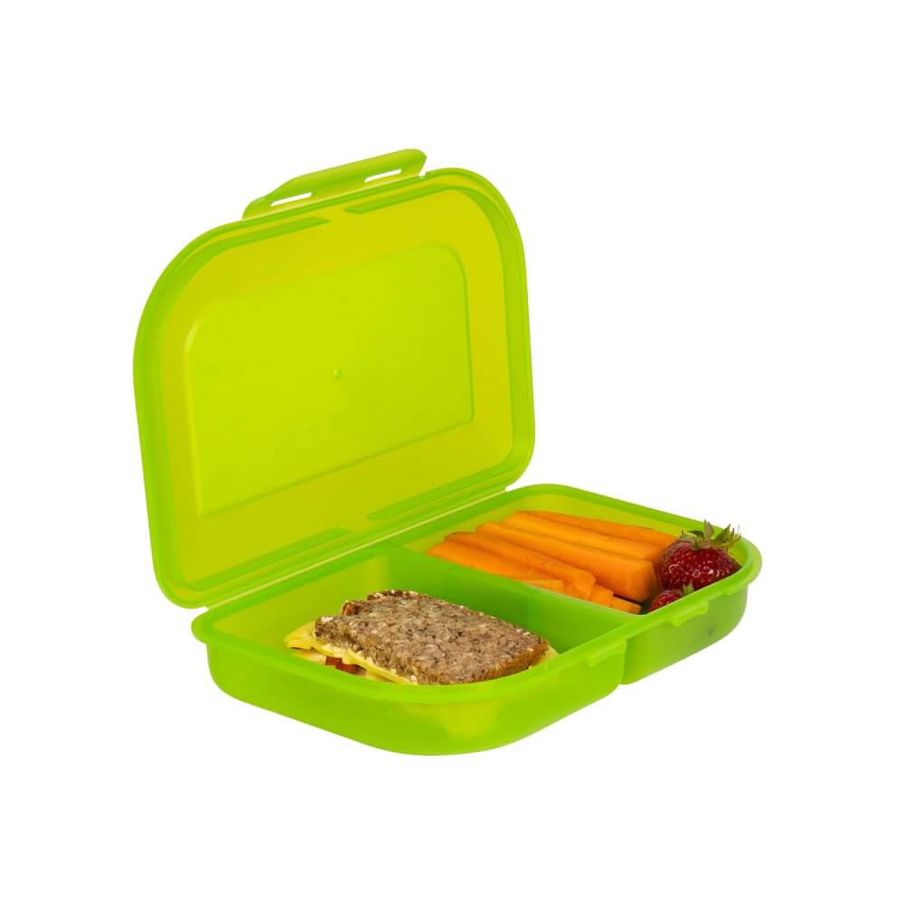 geöffnete Brotdose mit Beispielaufteilung der Lebensmittel