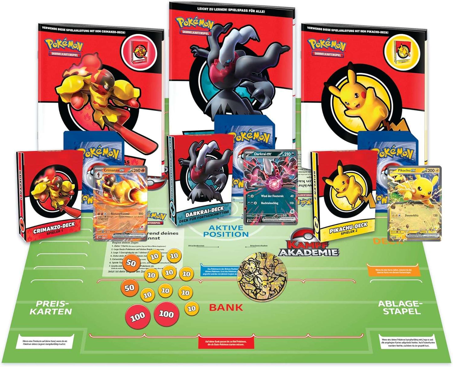 Abbildung der Decks Crimanzo, Darkrai und Pickachu