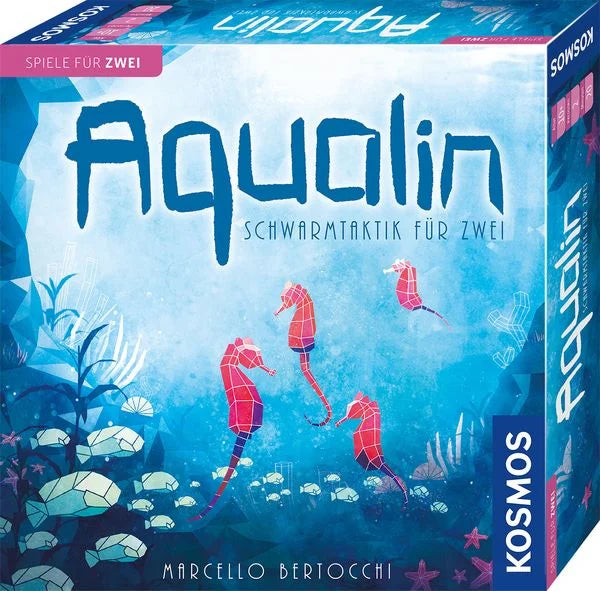 Spielverpackung mit Meeresunterwassermotiv. Zusehen ist ein Schwarm von Fischen und Seepferdchen.
