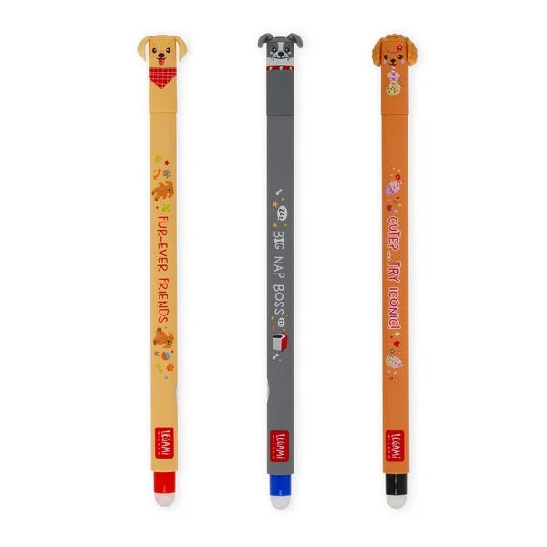 SET OF 3 ERASABLE GEL PENS - GOLDEN + BULLDOG + POODLE